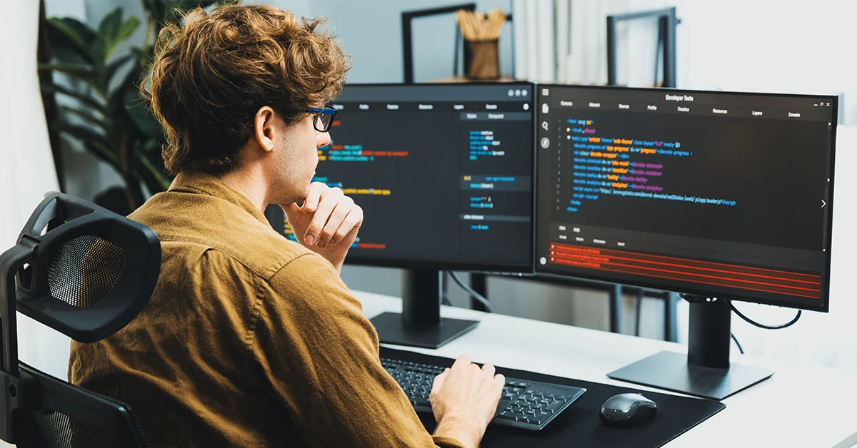 software developer in front of two screens